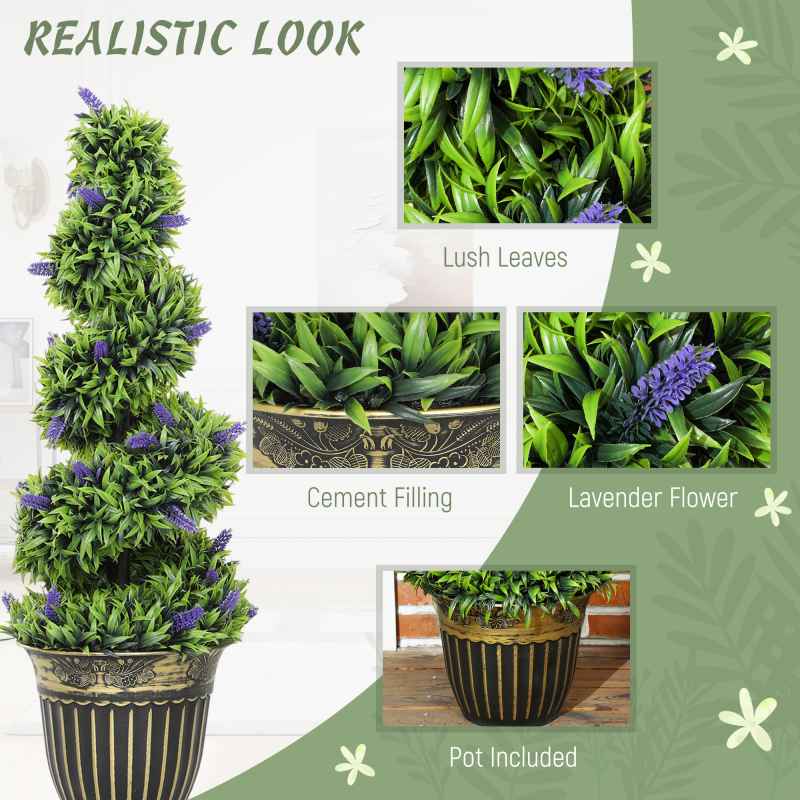 HOMCOM Set of 2 Decorative Artificial Plants, Boxwood Spiral Topiary Tree with Lavender and Pot, Fake Plants for Home Indoor Outdoor Decor, 90cm