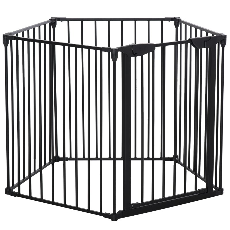 PawHut Pet Safety Gate, 5 Panels Playpen Fireplace, Metal Fence, Stair Barrier, Room Divider w/ Walk-Through Door - Black