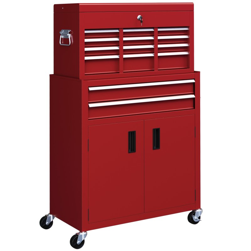 HOMCOM Tool Chest, Metal Tool Cabinet on Wheels with 6 Drawers, Pegboard, Top Chest and Roller Cabinet Combo, 61.6 x 33 x 108cm, Red