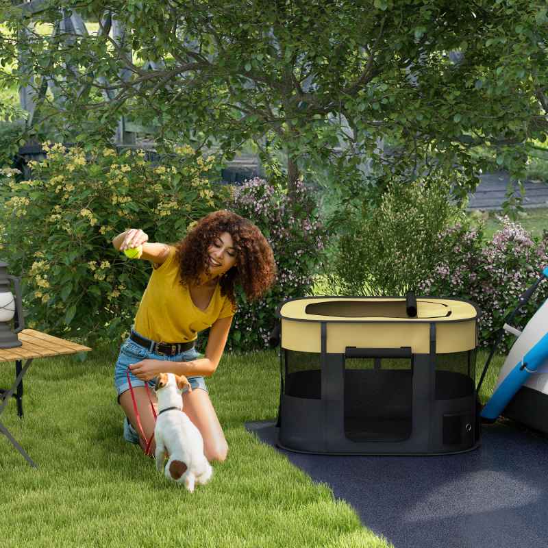 PawHut Dog Pen, Pet Playpen, Portable Foldable Dog Cat Playpen Soft Pet Cage with Storage Bag for Puppies, Rabbits, Kittens, Guinea Pigs, 94 x 74 x 60cm - Yellow