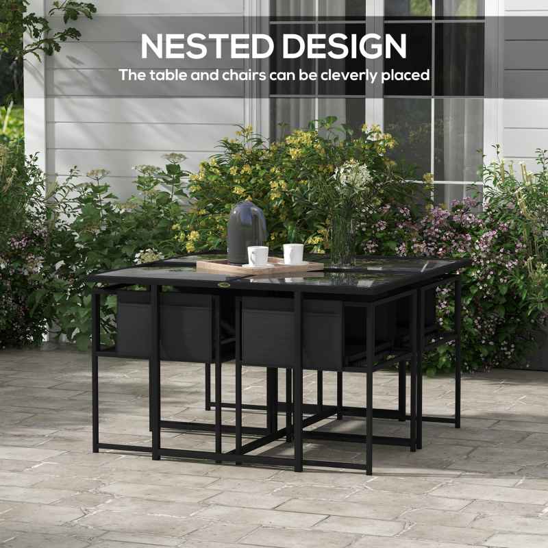 Outsunny 5 Piece Garden Dining Set, 4 Seater Outdoor Table and Chairs with Texteline Seat, Space Saving Cube Set with Foldable Backrest, Tempered Glass Table Top, for Patio, Black