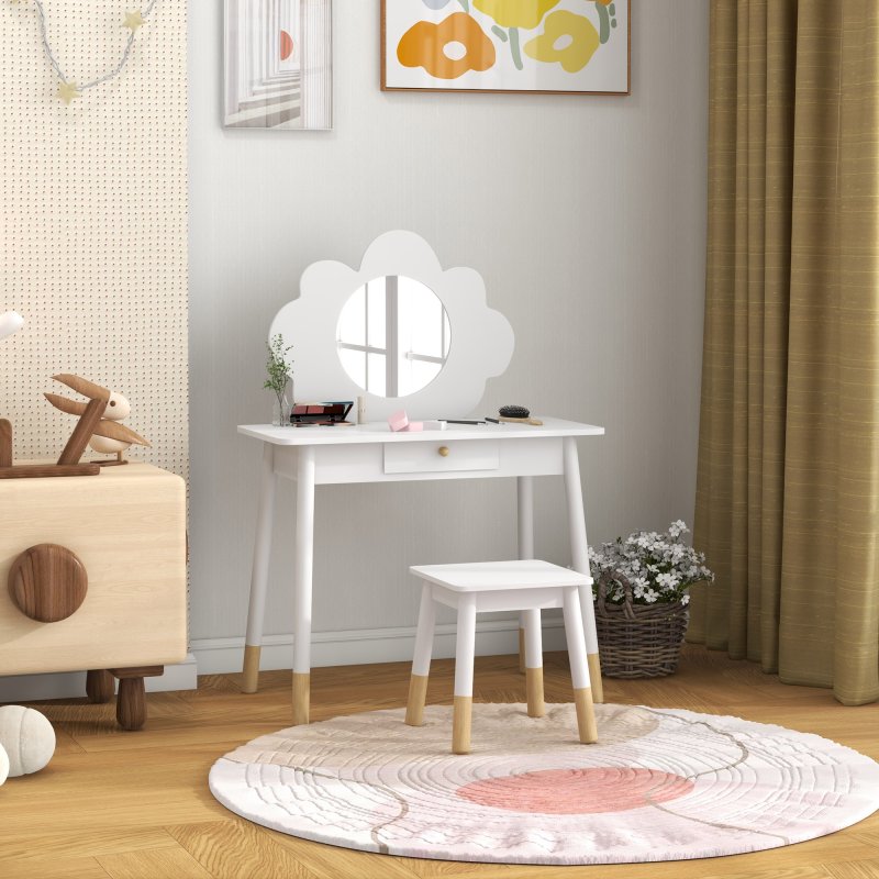 AIYAPLAY Kids Dressing Table with Mirror, Stool, Kids Vanity Table with Cloud Design, Drawer, for Ages 3-6 Years, White