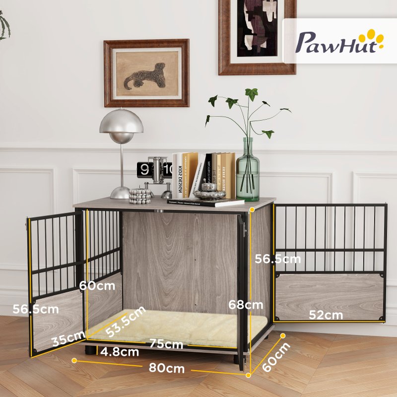 PawHut Dog Crate Furniture, Dog Cage End Table Indoor with 3 Doors, Furniture Style Dog Crate with Soft Washable Cushion, for Medium Dogs, 80L x 60W x 68Hcm