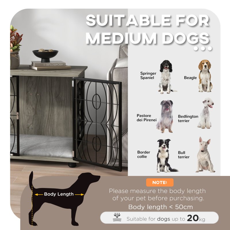 PawHut Dog Crate Furniture, Dog Cage End Table with Large Top, Soft Washable Cushion, Lockable Front Door, Wire Mesh Ventilation, Indoor Pet Crate for Medium Sized, 80 x 56 x 63cm - Grey wood effect