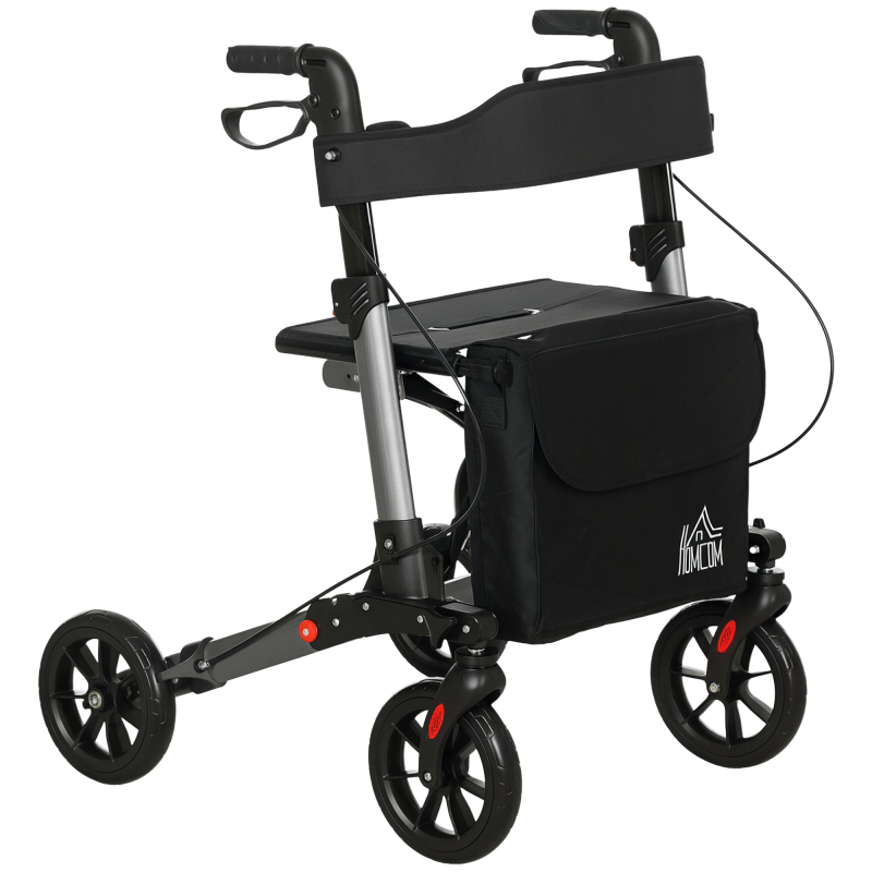 HOMCOM 4 Wheel Rollator with Seat and Back, Folding Mobility Walker with Carry Bag, Adjustable Height, Dual Brakes, Cane Holder, Lightweight Aluminium Walking Frame for Seniors and Disabled