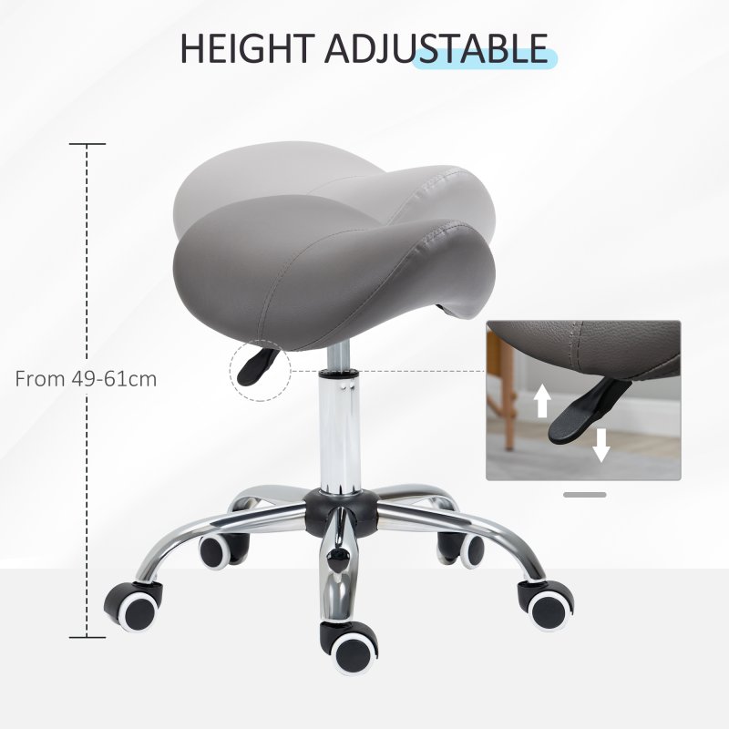 HOMCOM Cosmetic Stool 360?? Rotate Height Adjustable Salon Massage Spa Chair Hydraulic Rolling Faux Leather Saddle Stool Mobility, Grey