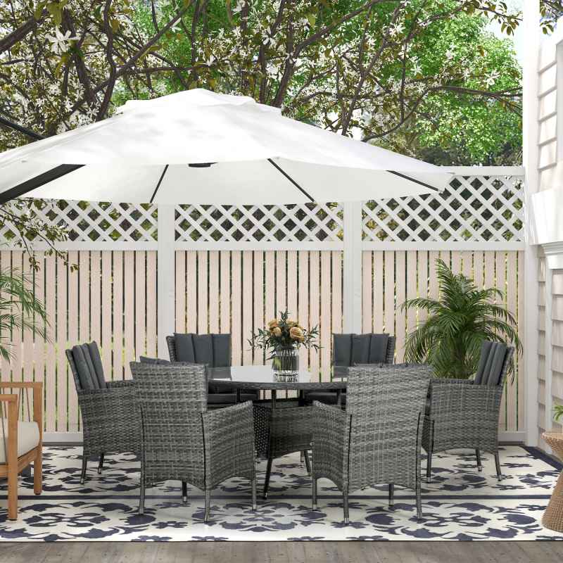 Outsunny 7-Piece PE Rattan Garden Furniture Set, Wicker Outdoor Dining Set with Cushions, Umbrella Hole & Round Glass Top Table, 6 Seater Garden Table and Chairs for Patio, Balcony, Mixed Grey