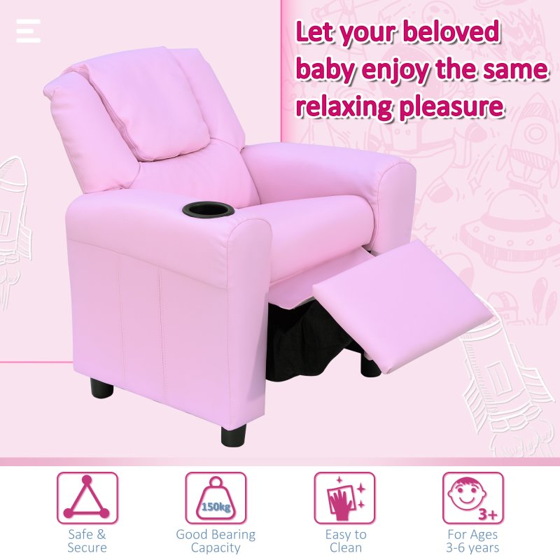 HOMCOM Kids Recliner, PU Leather Kids Armchair, Child Chair, Toddler Armchair with Adjustable Backrest, Footrest, Padded Headrest, Cup Holder, Pink