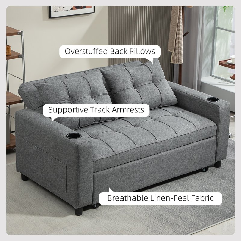 HOMCOM 2 Seater Sofa Bed, Convertible Pull Out Sofa Bed with Adjustable Backrest, Cup Holders and Pillows, Click Clack Settee for Living Room, Bedroom, Guest Room, Charcoal Grey