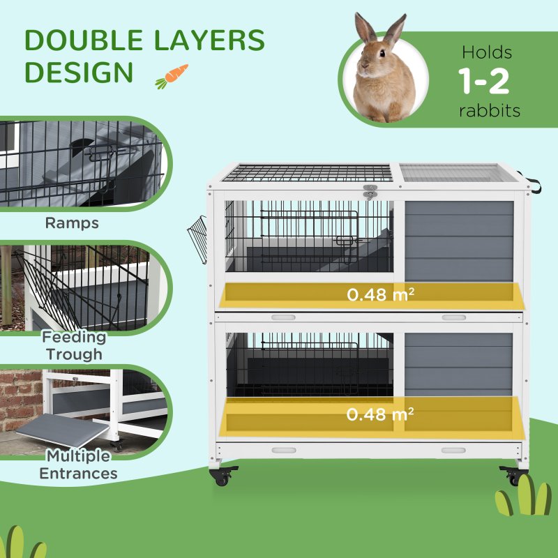 PawHut Rabbit Hutch Guinea Pig Hutch Indoor Wooden Small Animal House with Wheels, Openable Top, No-Leak Plastic Trays - Grey