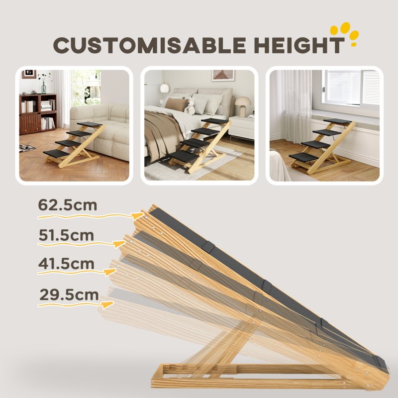 PawHut Dog Steps Dog Ramp, 4-Step Adjustable Height Pet Stairs for Large Sized Dogs, Foldable Dog Stairs for Bed Sofa, with Non-slip Surface