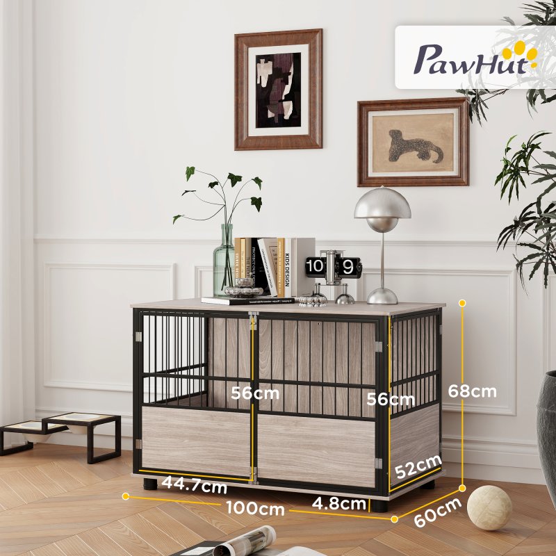 PawHut Dog Crate Furniture, Dog Cage End Table Indoor with 3 Doors, Furniture Style Dog Crate with Soft Washable Cushion, for Large Dogs, 100L x 60W x 68Hcm