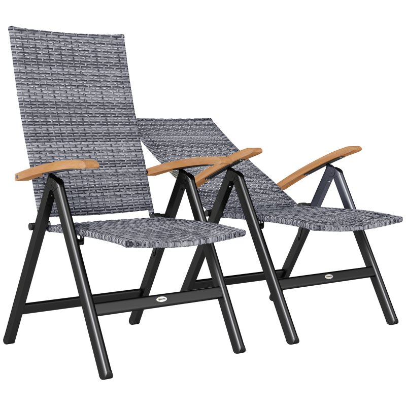 Outsunny 2 Pieces Outdoor Folding Dining Chair, PE Rattan Chair with Armrests, High Backrest, for Garden, Camping, Balcony, Porch, Light Grey