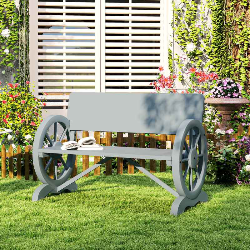Outsunny Wooden Garden Bench, 2 Seater Outdoor Bench Outdoor with Wagon Wheel Armrests and High Back, Grey