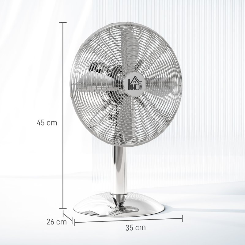 HOMCOM 12" Metal Desk Fan with 3 Speed Settings, Wide-Angled Oscillation, Adjustable Tilt, Portable Table Fan for Bedroom or Home Office, Silver Tone