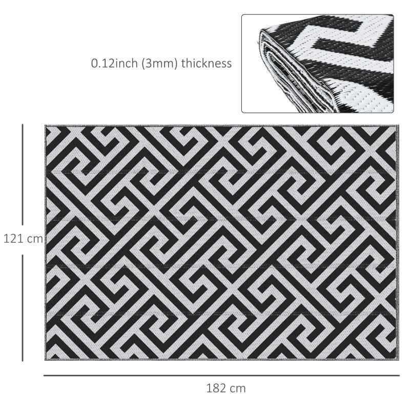 Outsunny Outdoor Rug Reversible Mat Plastic Straw Rug Portable RV Camping Mat for Garden Deck Picnic Indoor, 121 x 182 cm (4 x 6 ft), Black & White