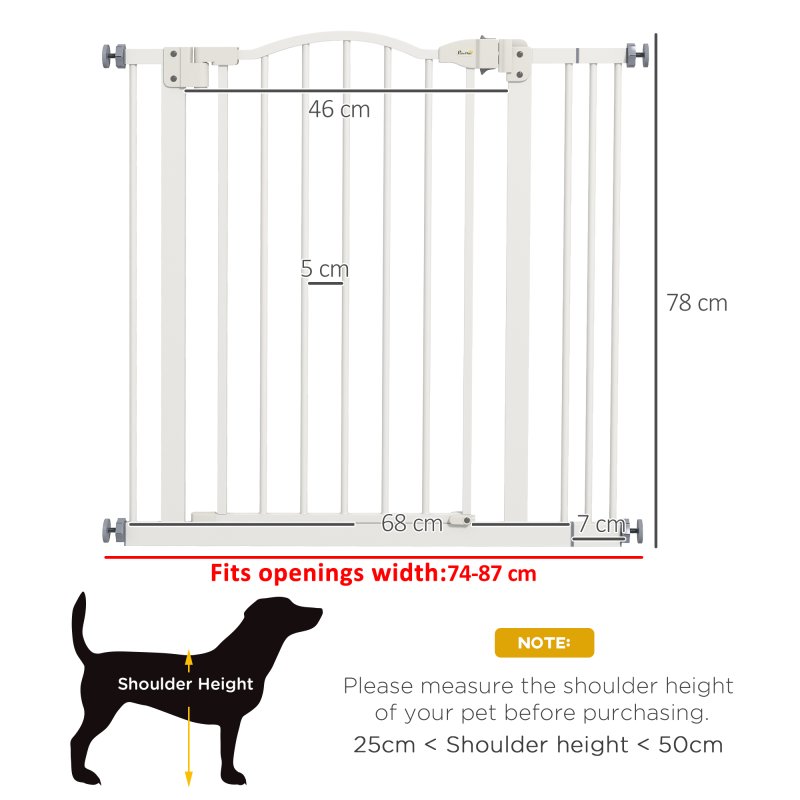 PawHut Pressure Fit Dog Stair Gate No Drilling Safety Gate Auto Close for Doorways, Hallways, 74-87cm Adjustable, 78cm Tall, White