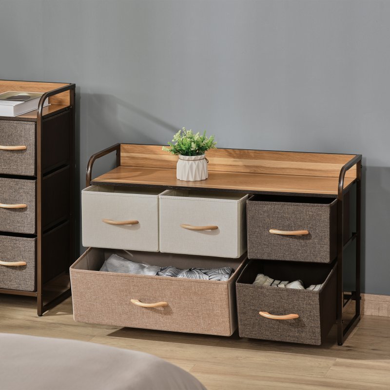 HOMCOM 5-Drawer Dresser, Linen Fabric Chest of Drawers, Dresser Tower Unit for Bedroom Hallway Entryway, Storage Organizer with Steel Frame Wooden Top
