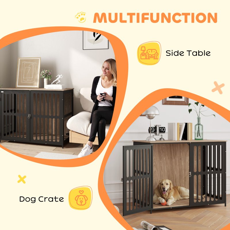PawHut Dog Crate Furniture, Dog Cage Side End Table Indoor with Anti-Chew Resistant Mesh, Anti-Escape Door, for Large Pet, 100 x 60 x 81.5 cm, Walnut Brown