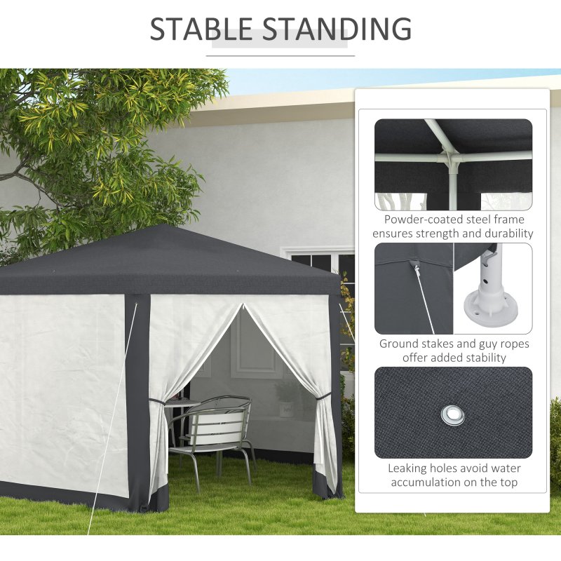 Outsunny 4M Hexagon Gazebo, Netting Party Tent, Patio Canopy Outdoor Event Shelter for Activities, Shade Resistant, Dark Grey