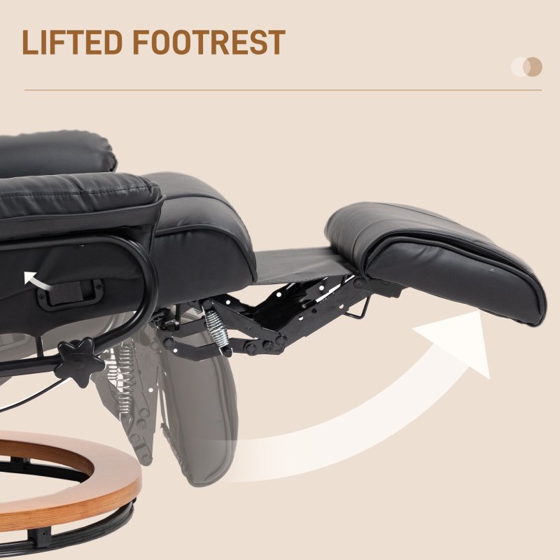 HOMCOM Manual Recliner Chair with Footrest, Upholstered Reclining Armchair with Adjustable Backrest and Steel Frame, PU Leather Swivel Chair for Living Room, Bedroom, Black