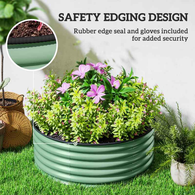 Outsunny Galvanised Raised Garden Bed with Safety Edging, Outdoor Raised Planter Box with Gloves and Open Bottom, Metal Raised Bed for Flowers, Vegetables and Herbs, 120 x 120 x 43cm, Light Green