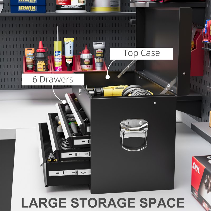 HOMCOM 6 Drawer Tool Chest, Lockable Metal Tool Box with Top Case, Ball Bearing Runners, Portable Toolbox, 600mm x 260mm x 340mm, Black