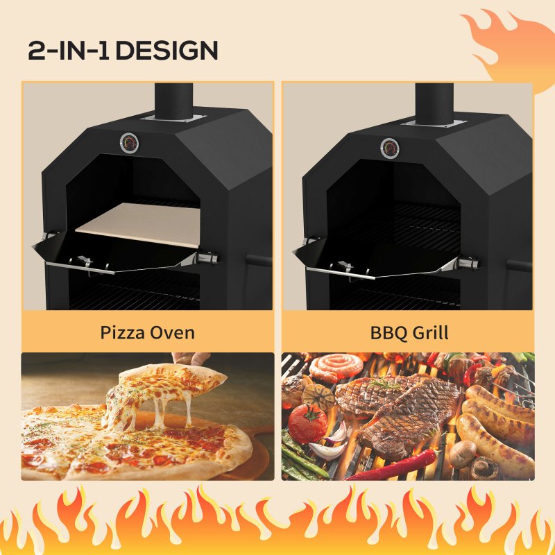 Outsunny 2-in-1 Outdoor Pizza Oven 3-Tier Freestanding Charcoal BBQ Grill with Rain Cover, Chimney, Thermometer, Bottom Shelf, Anti-scald Handles, Wheels for Garden Party Gathering