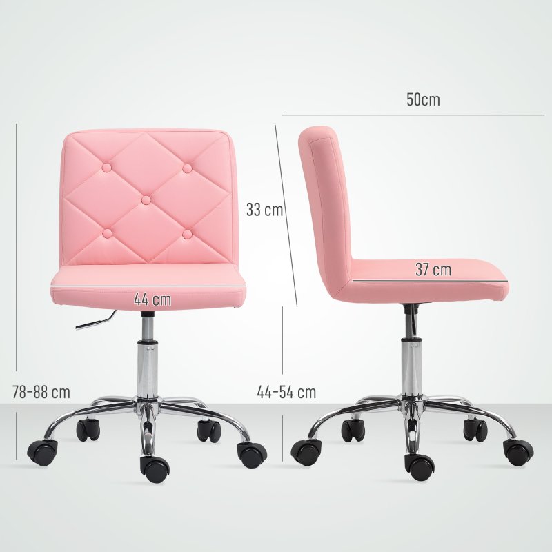 HOMCOM PU Leather Armless Office Chair, Modern Vanity Computer Swivel Chair with Rolling Wheels and Adjustable Height for Home Study, Bedroom, Pink