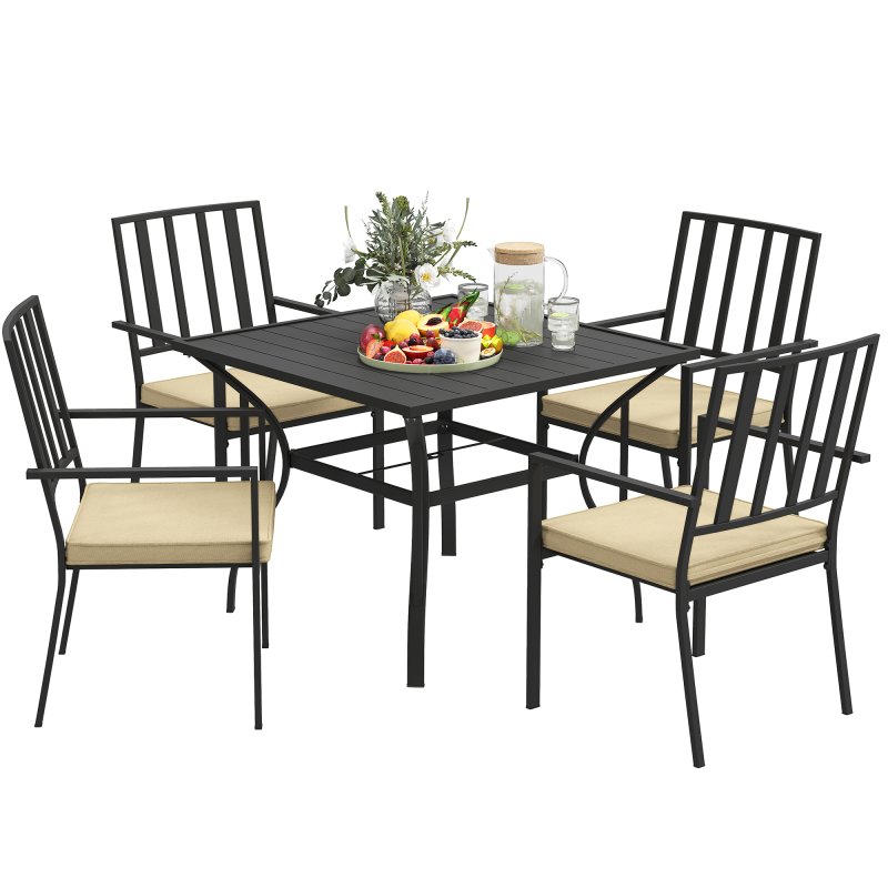 Outsunny 5 Pieces Garden Dining Set with Cushions, Outdoor Patio Table and 4 Stackable Chairs, Metal Top Table with Umbrella Hole, Black