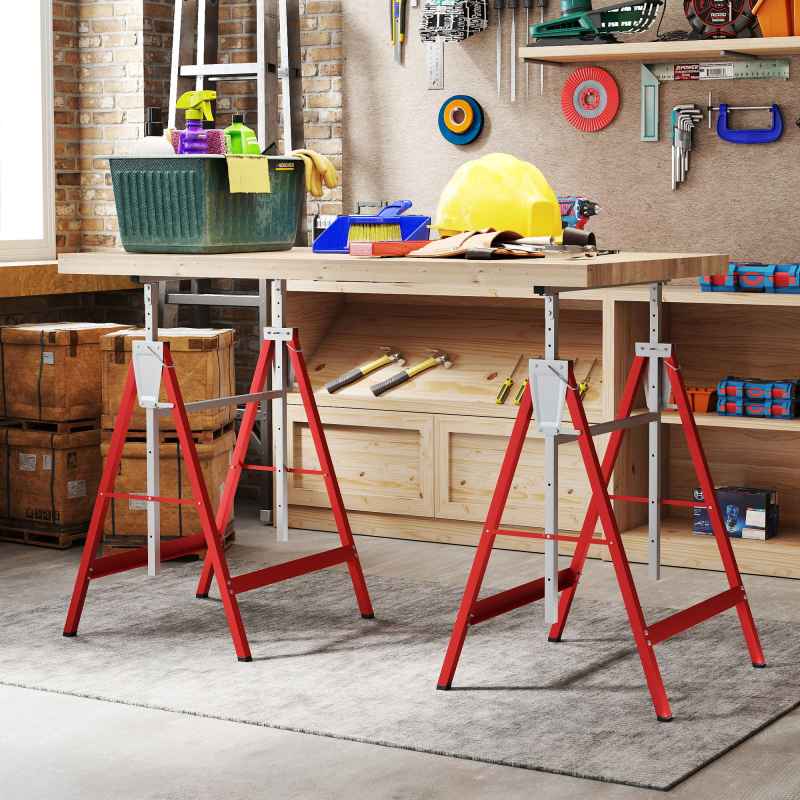 HOMCOM Set of 2 Adjustable Telescopic Builders Trestle, DIY Steel Work Bench Carpenter, Folding Saw Horse Tools Red