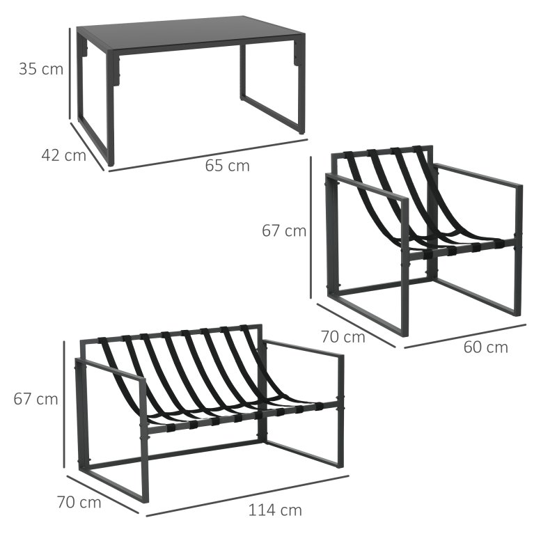 Outsunny 4 Piece Garden Sofa Set, 2 Single Armchair, Loveseat and Coffee Table Set with Steel Frame, Outdoor Furniture with Thick Cushions, Grey