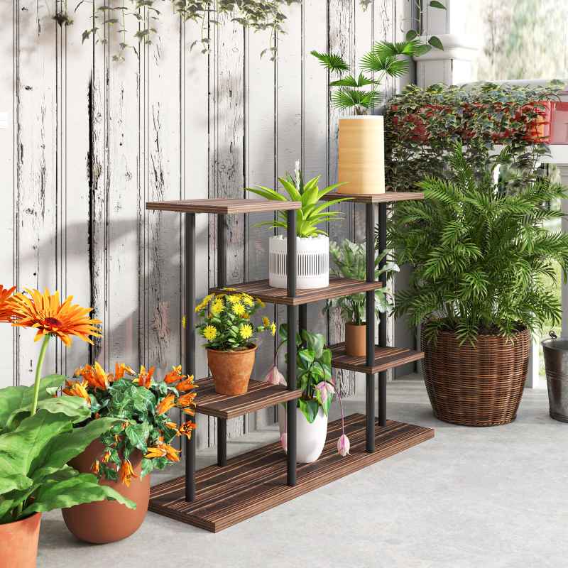 Outsunny 4 Tiered Plant Stand, Metal Planter Shelf Display Rack for Multiple Plants, Flower Pot Holder for Living Room, Patio, Balcony, Garden, Carbonised Finish