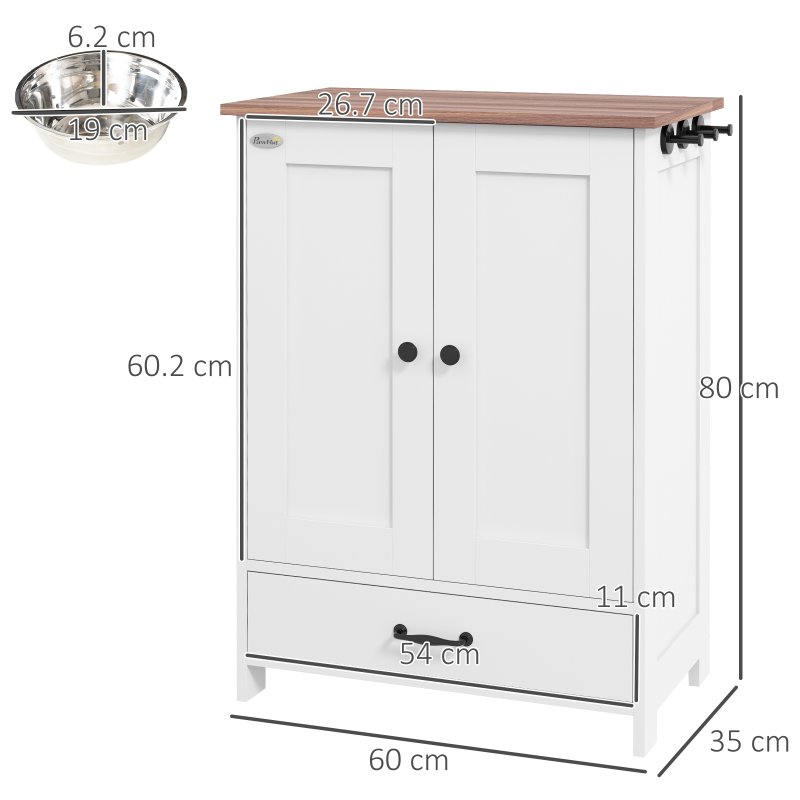 PawHut Pet Feeding Station with Storage, Dog Feeding Station with Raised Dog Bowls, Adjustable Panel, Hooks, Pet Food Storage Cabinet, White