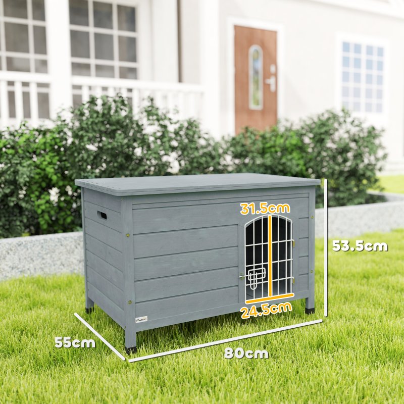 PawHut Wooden Dog House with Removable Bottom, Outdoor Dog Kennel with Wire Door, Openable Top, Pet Shelter for Small Dogs, 80 x 55 x 53.5cm, Dark Grey
