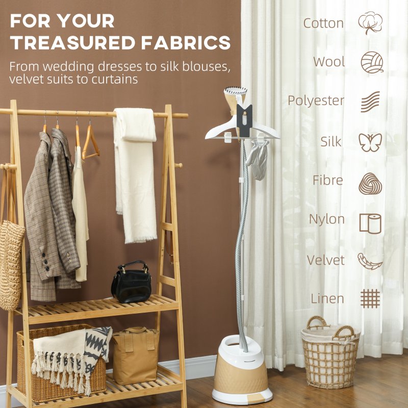 HOMCOM Clothes Steamer, Upright Garment Steamer Wrinkle Remover with Large 1.8L Water Tank, Adjustable Height, for Home Clothing, Curtains, Wedding Dresses, Silk, Sofa, Gold Tone