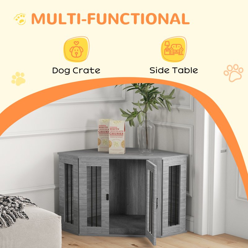 PawHut Dog Crate Furniture, Side Table Dog Kennel with Cushion, Large Door, for Medium Dogs - Grey