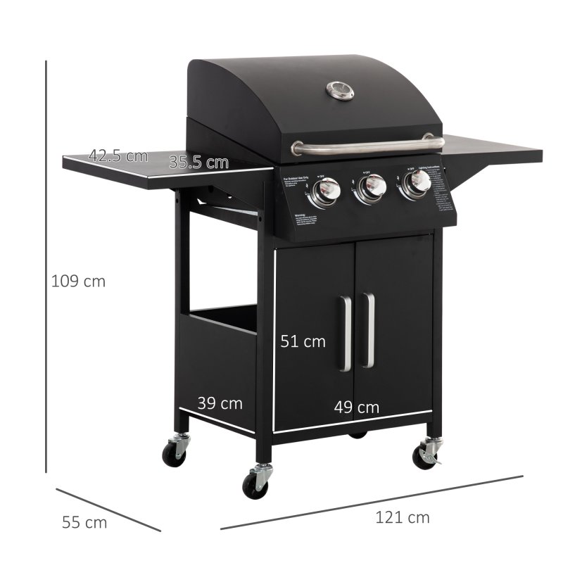 Outsunny 3 Burner Gas BBQ, Outdoor Grill, Portable Barbecue Trolley with Warming Rack, Side Shelves, Storage Cabinet, Thermometer, Carbon Steel, Black