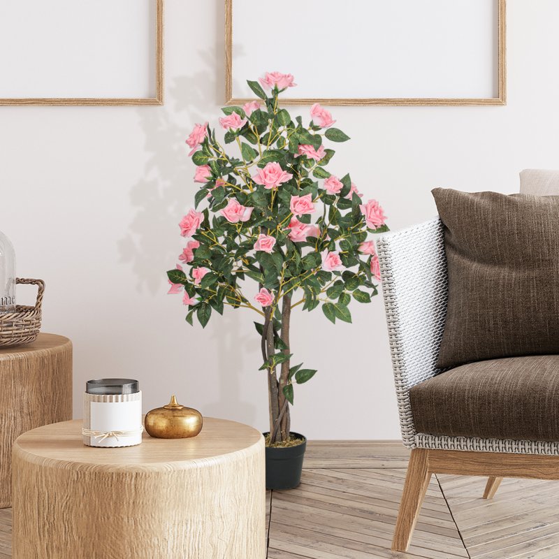 HOMCOM Set of 2 Decorative Artificial Plants, Faux Silk Rose Trees in Pot, Fake Plants for Home Indoor Decor, 110?cm, Pink