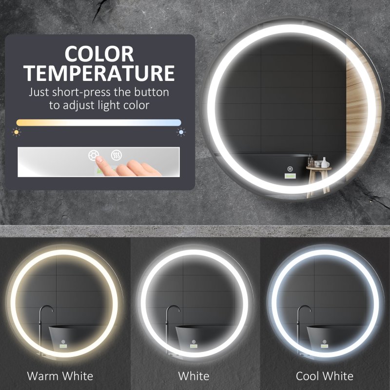 kleankin Round LED Bathroom Mirror, Dimmable Lighted Wall-Mounted Mirror with 3 Temperature Colours, Memory Function, Hardwired, Black