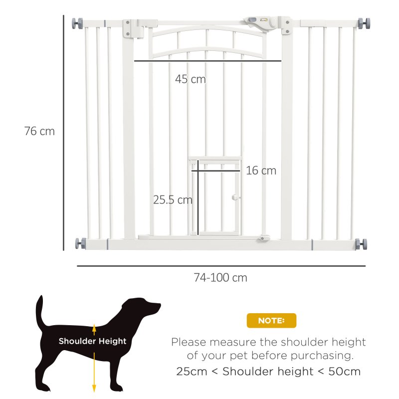 PawHut Dog Stair Gate Pet Barrier with Small Cat Door, Pressure Fit Safety Gate  with Auto Closing System, Double Locking, for Hallways, 74-100 cm Openings - White