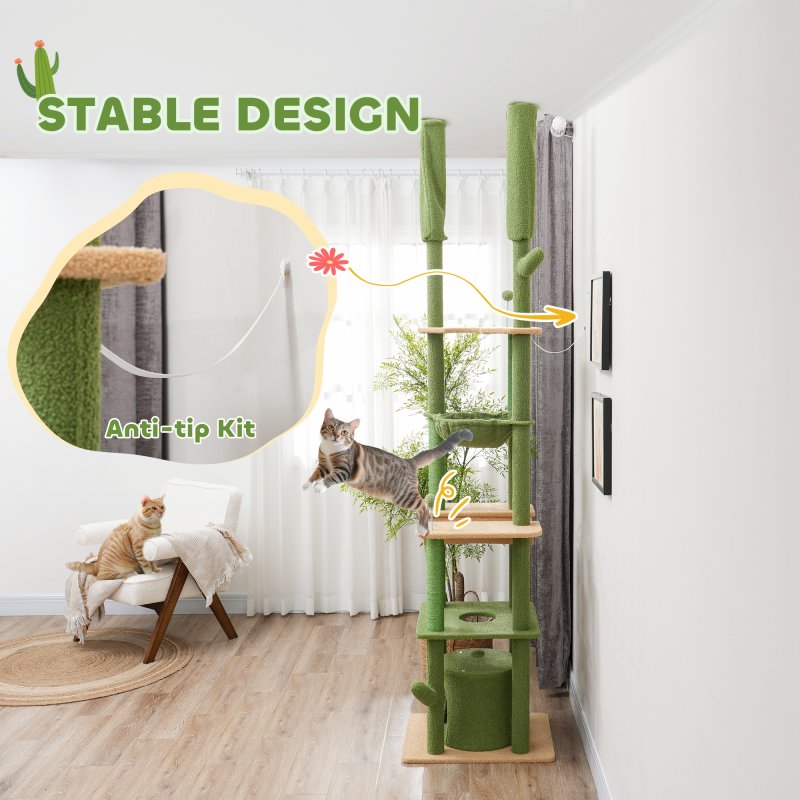 PawHut Floor to Ceiling Cat Tree, 225-255cm Adjustable Cat Tower Indoor, Multi-Level Activity Centre with Sisal Scratching Posts, Grooming Brush Post, Hammocks, Green