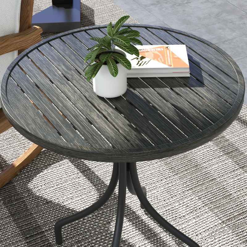 Outsunny ??66cm Garden Side Table, Round Bistro Coffee Table, Outdoor Patio Table with Steel Frame and Slat Tabletop for Balcony and Porch, Grey Wood Grain
