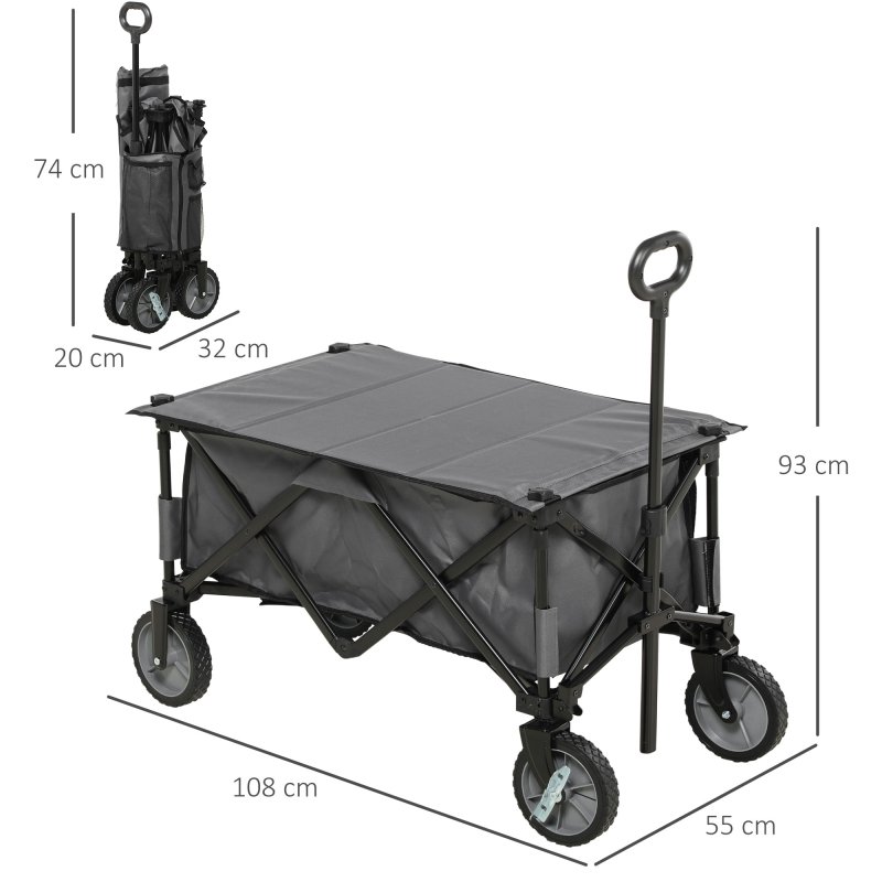 Outsunny Folding Garden Trolley, Cargo Trailer on Wheels, Collapsible Camping Trolley with Folding Board, Outdoor Utility Wagon with Steel Frame and Oxford Fabric, Dark Grey
