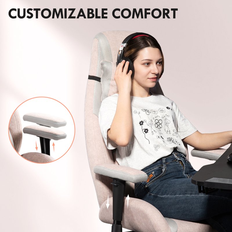 HOMCOM Gaming Chair with Lumbar Support, Headrest for Adults, Fabric Desk Computer Chair with Adjustable Height and Armrest, 360 Swivel for Home Office, Pale Pink