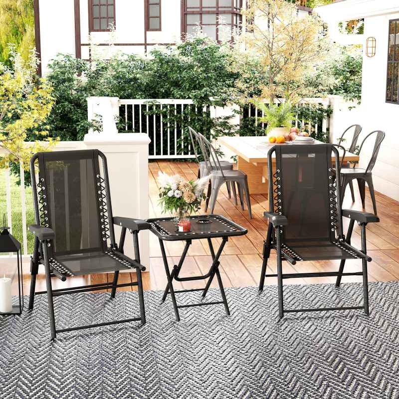 Outsunny 3 Pieces Garden Bistro Set, Folding Table and Chairs Set, Metal Garden Furniture Set with Cup Holders for Outdoor, Patio, Balcony, Black