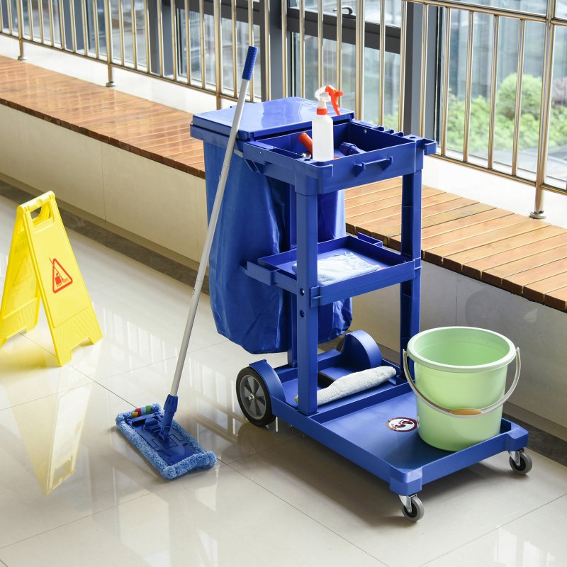 HOMCOM Cleaning Carts On Wheels, Janitorial Trolley with 3 Tier Shelves, Housekeeping Utility Service Unit with Rubbish Bag and Mop Mount for Hotel, Office, Blue