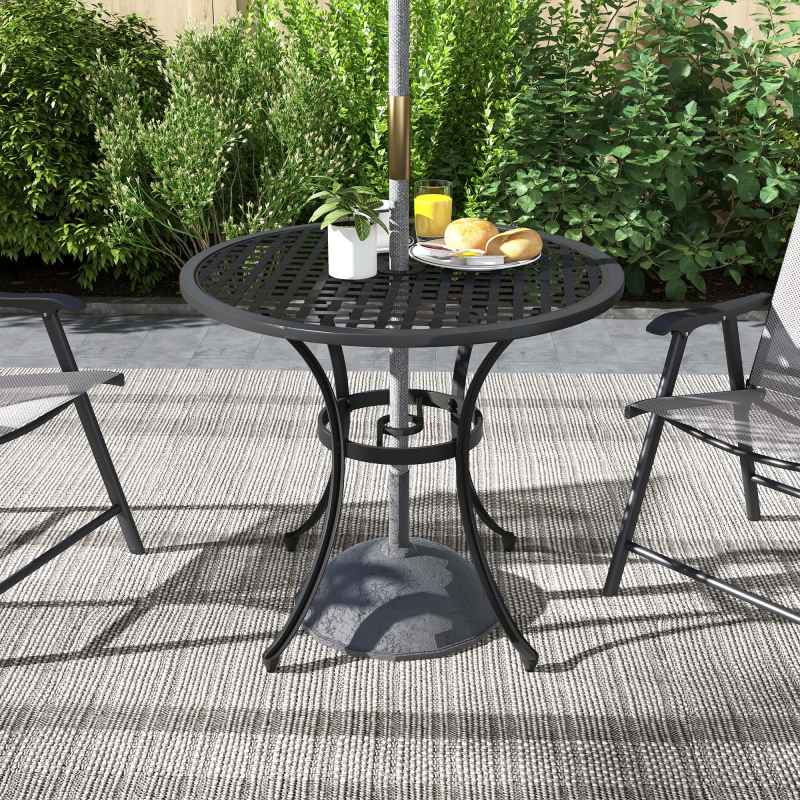 Outsunny 85cm Round Garden Dining Table, Cast Aluminium Coffee Table with Parasol Hole and Adjustable Foot Pad, Patio Table for Outdoor, Balcony, Poolside, Black