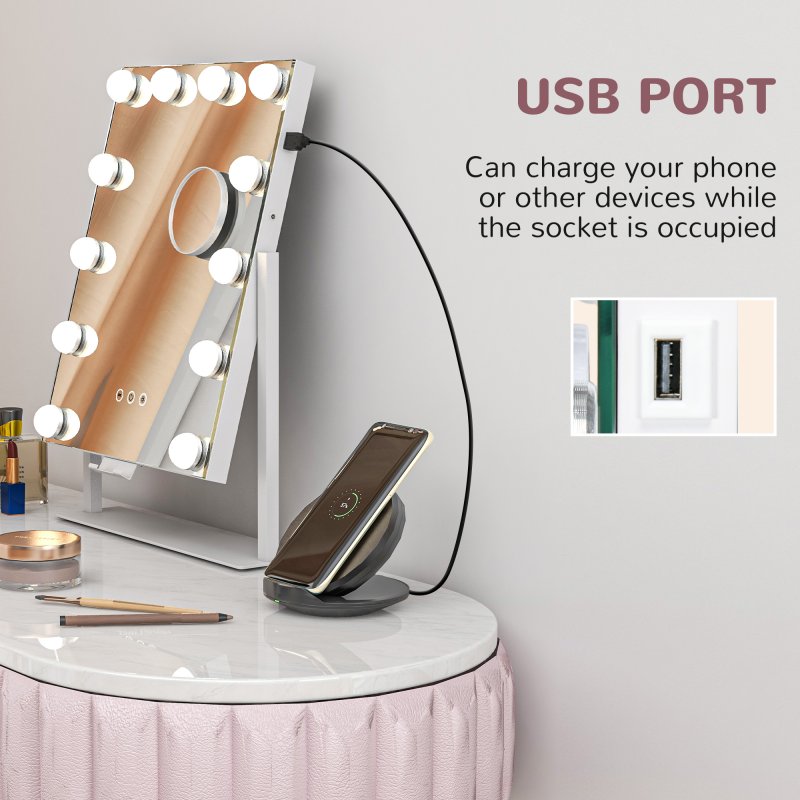 HOMCOM Hollywood Vanity Mirror with Lights, 37x46 cm Lighted Makeup Mirror with 3 Colour, 12 LED Bulbs, 10X Magnifying, USB Charging Port, Phone Holder, 360 Rotation, Touch Screen