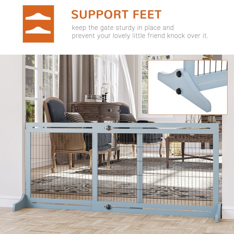 PawHut Freestanding Dog Gate, Foldable Pet Fence, Indoor Wood Barrier, Stair Gate with Support Feet, for Doorway, Hallway, Small and Medium Dogs, 69H x 104-183 cm, Blue-grey